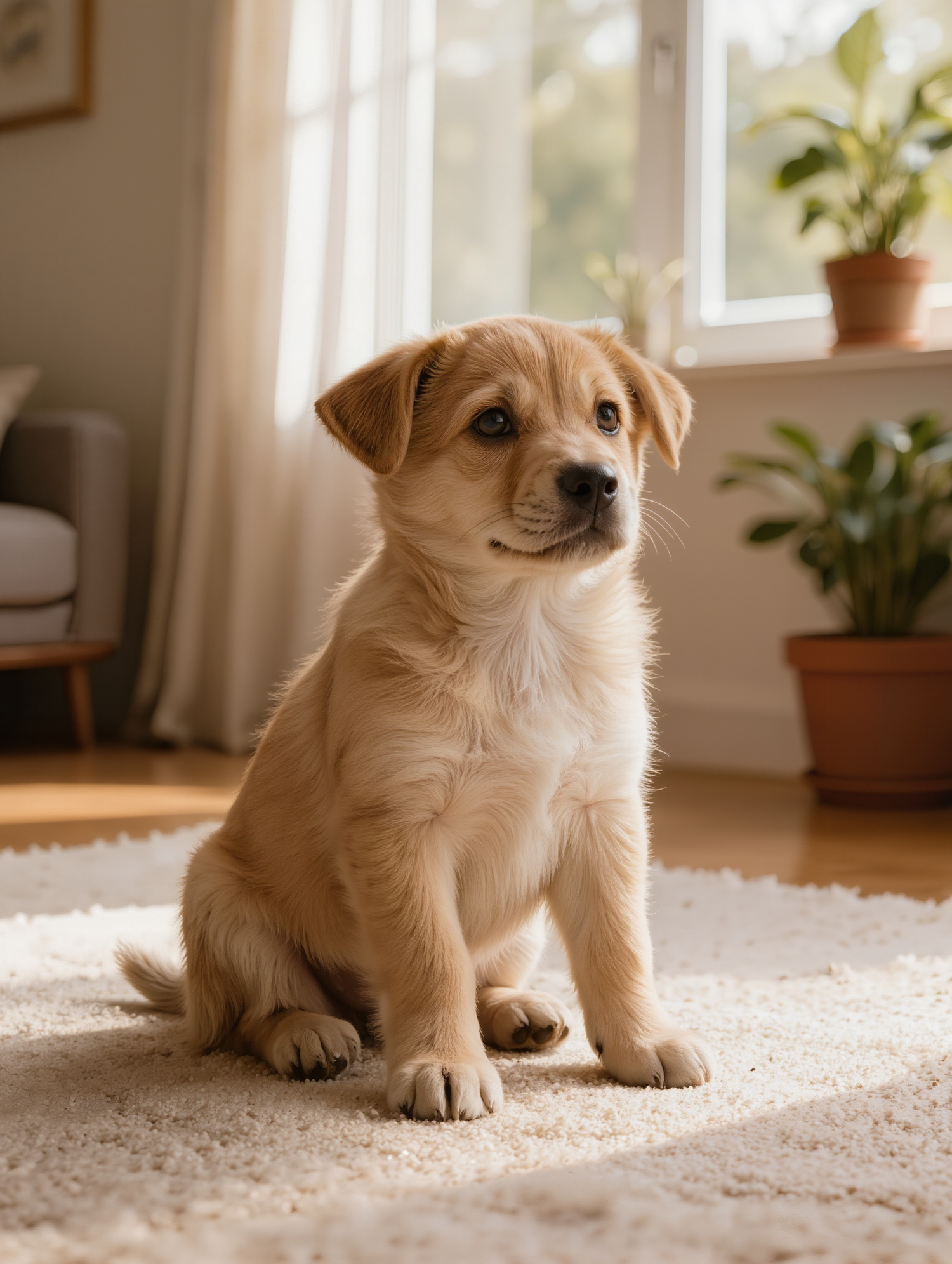 A puppy sitting attentively on a rug in a bright living room