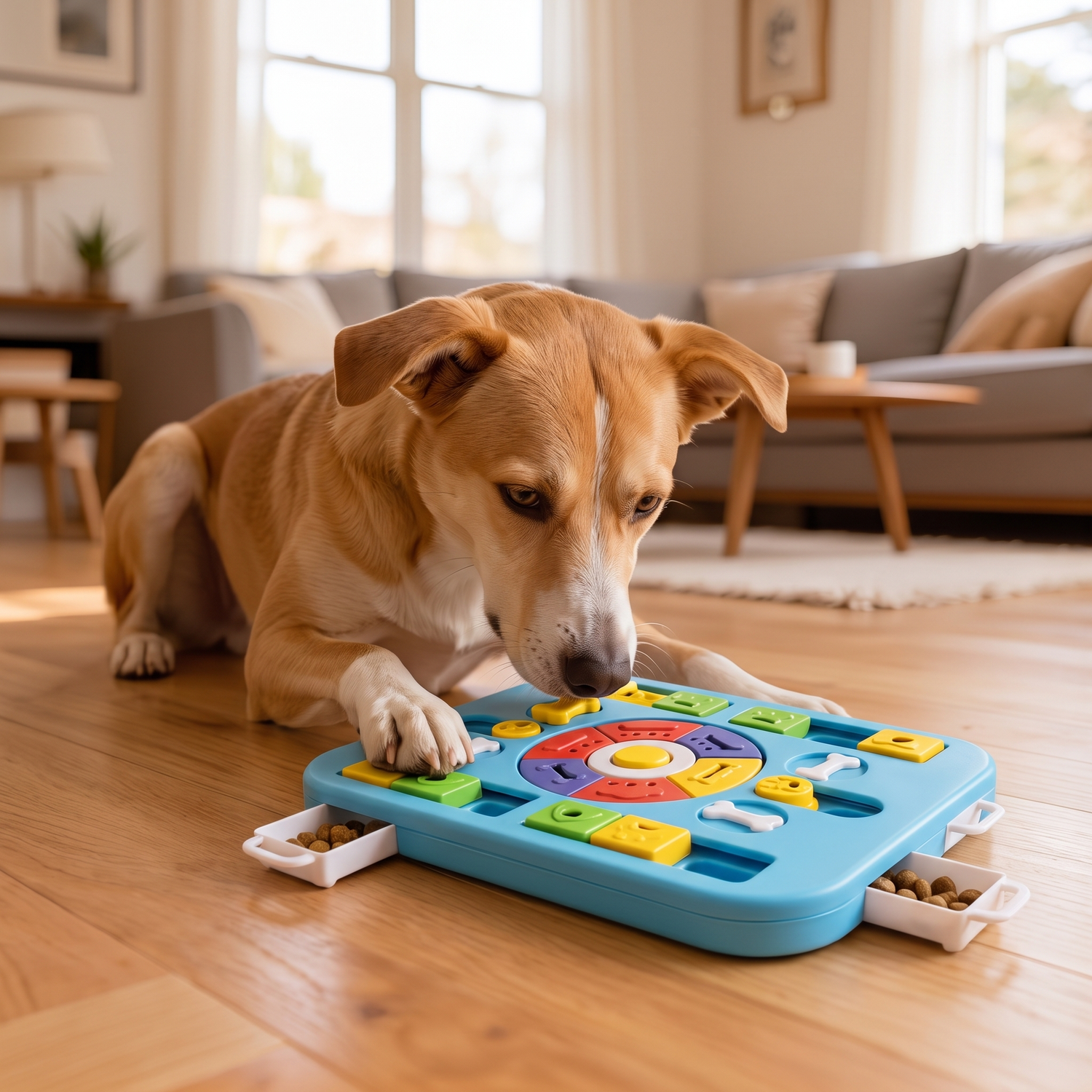 A dog nose-down playing with a Chewzzle interactive puzzle toy on a living room floor