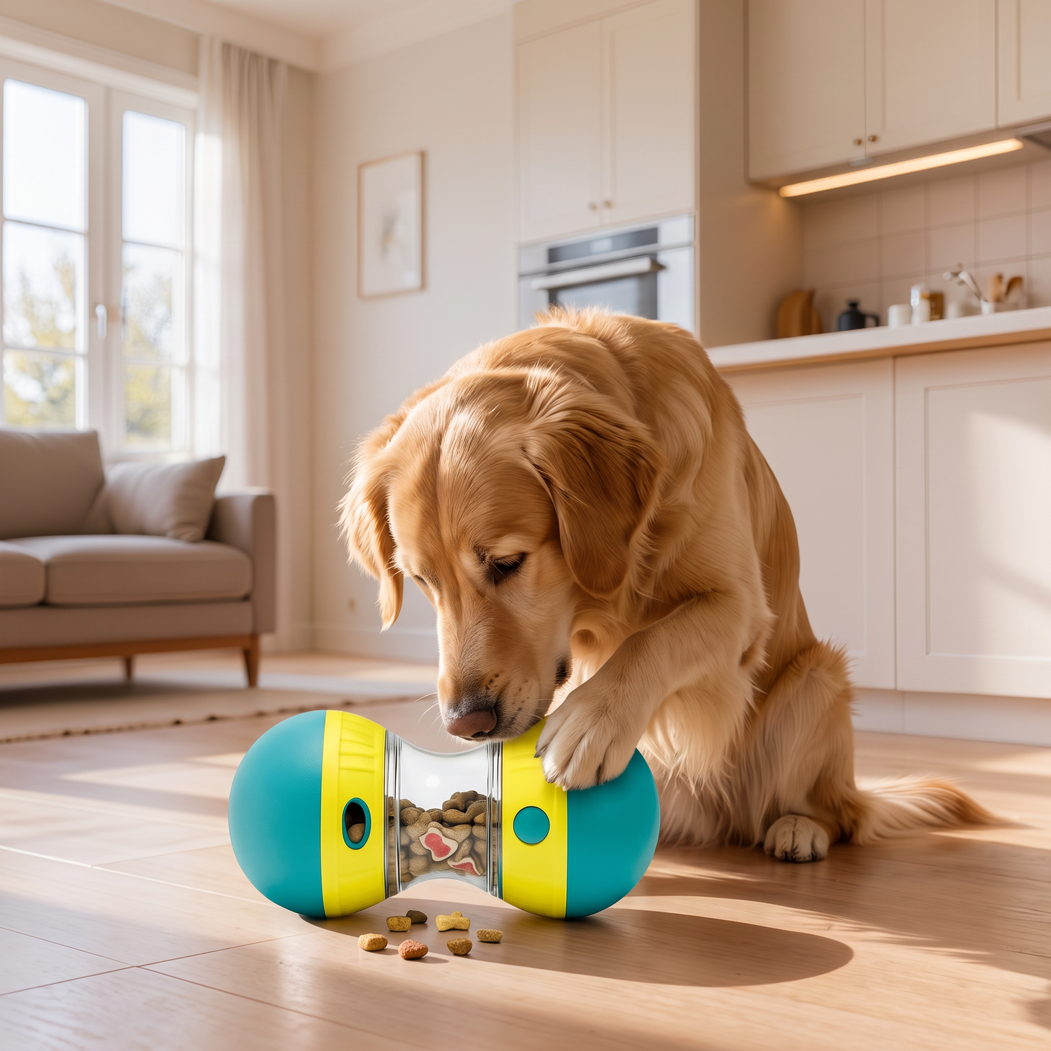 A dog nudging a Chewzzle treat-dispensing feeder ball with kibble on the floor