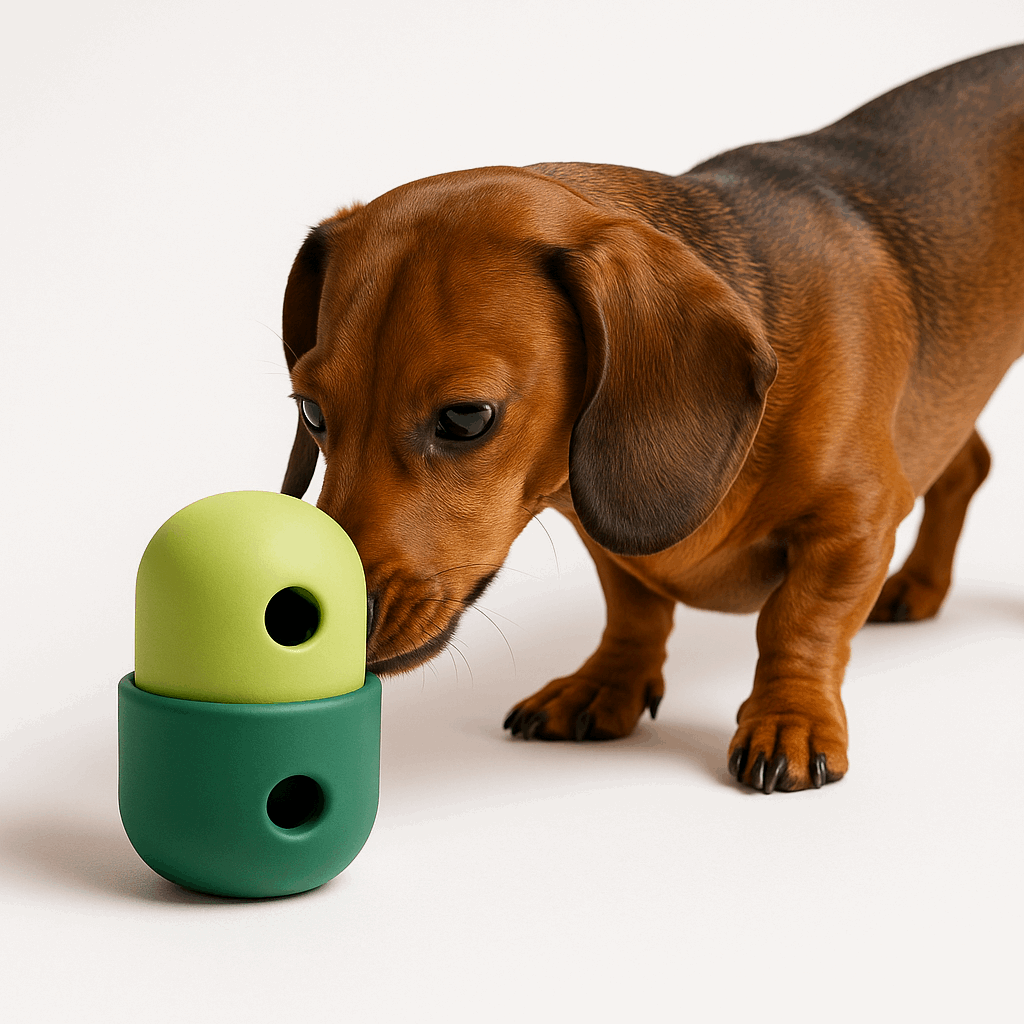 Dachshund with the Chewzzle TreatDrop treat-dispensing ball