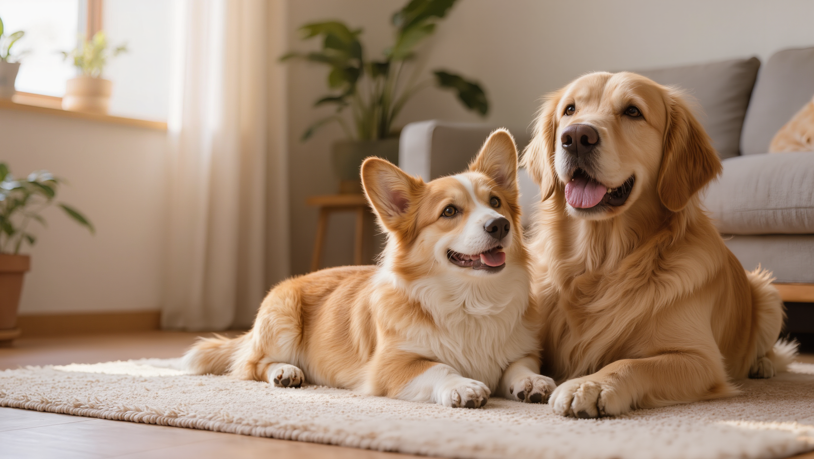 A corgi and a golden retriever relaxing together in a bright modern living room