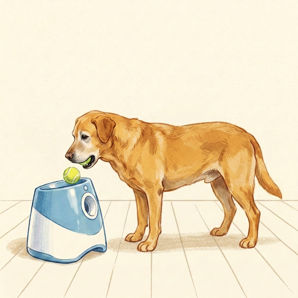 Illustration: a golden Labrador drops a tennis ball into the top of the Chewzzle Smart Ball Launcher