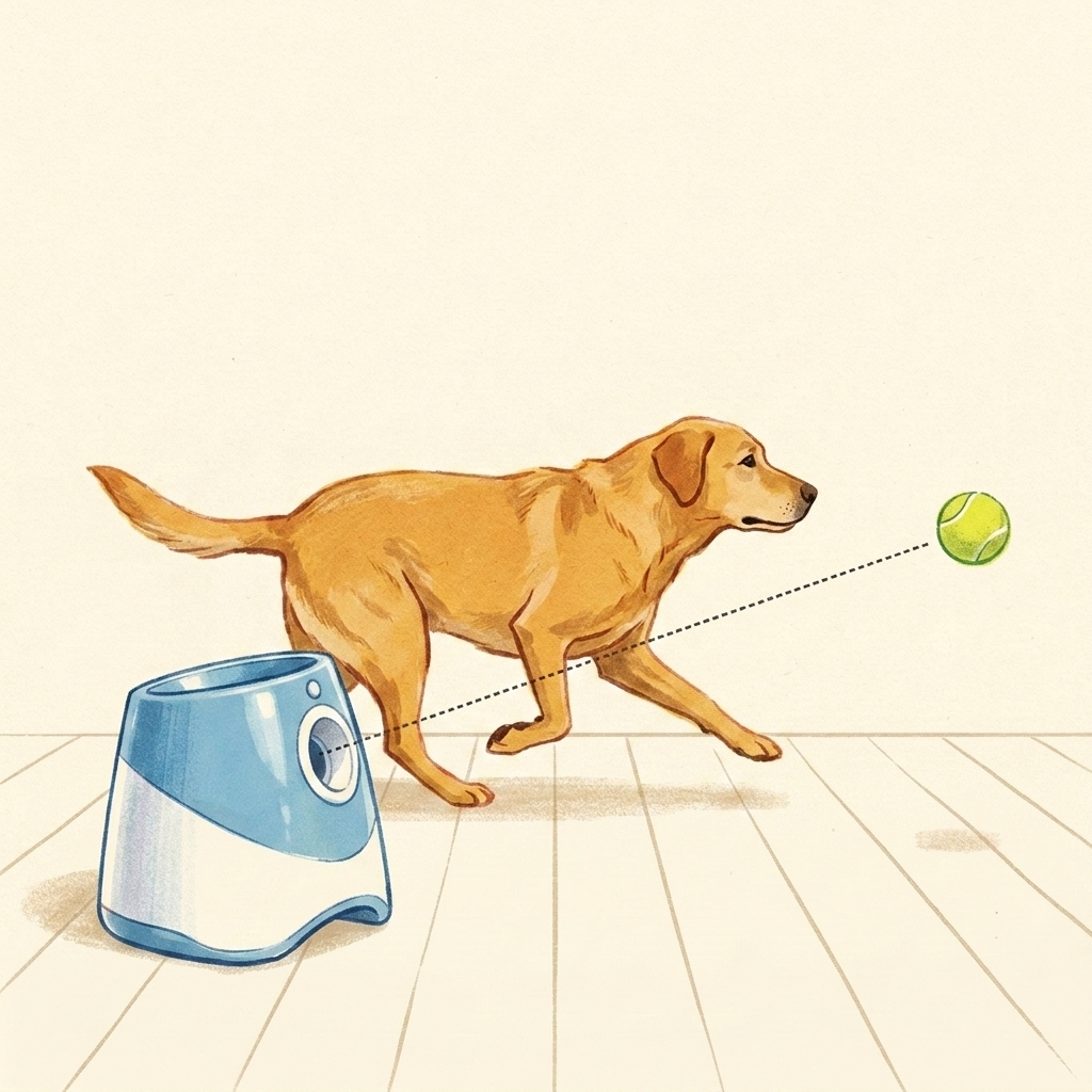 Illustration: the Chewzzle Smart Ball Launcher fires a tennis ball forward while the dog runs after it