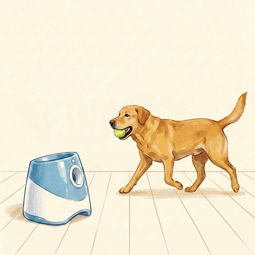 Illustration: a golden Labrador trots back to the Chewzzle Smart Ball Launcher carrying the tennis ball